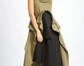 Asymmetrc A-Line Dress/Extravagant Button Dress/Sleeveless Fashionable Dress/Khaki and Black Spring Dress