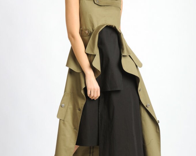 Asymmetrc A-Line Dress/Extravagant Button Dress/Sleeveless Fashionable Dress/Khaki and Black Spring Dress
