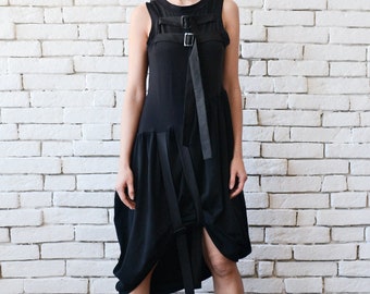 Black Short Dress with Buckles/Asymmetric Casual Tunic Top/Extravagant Tunic with Clasps/Black Long Short Tunic Dress METD0098
