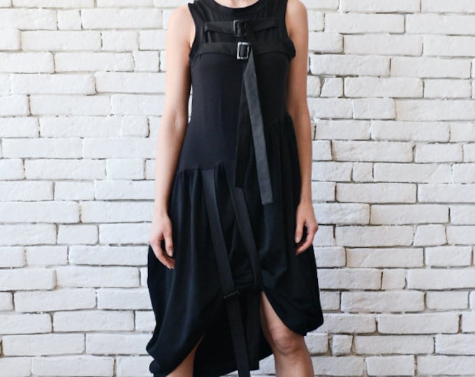 Black Short Dress with Buckles/Asymmetric Casual Tunic Top/Extravagant Tunic with Clasps/Black Long Short Tunic Dress METD0098