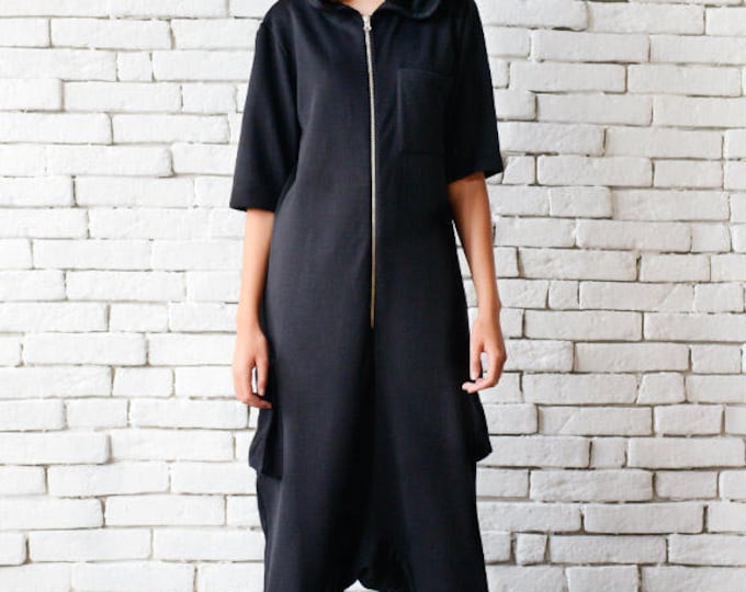 Black Maxi Jumpsuit/Plus Size Onepiece/Black Drop Crotch Pants/Hooded Loose Tunic/Black Casual Jumpsuit/Black Short Sleeve One Piece Romper