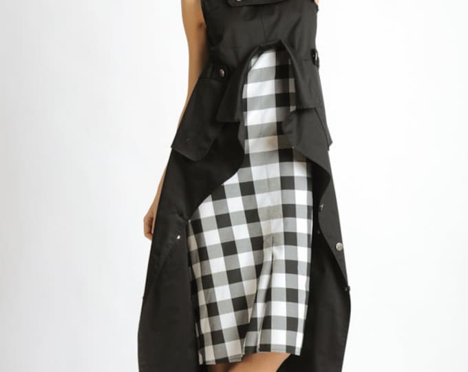 Sleeveless Midi Dress / Checkered Dress / Shift Dress Midi / Trench Dress / Monochrome Dress / Back Zipper Dress / Birthday Dress Women