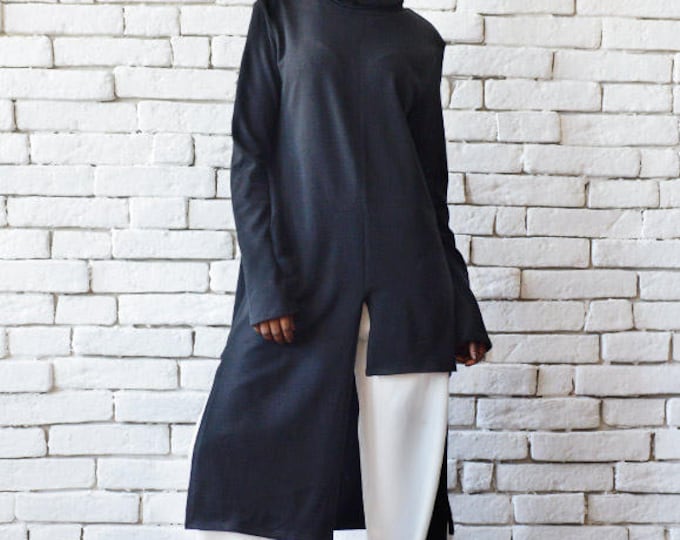 Black Asymmetric Top/Loose Casual Tunic/Turtleneck Black Tunic/Long Sleeve Blouse/Black Oversize Long Top METT0089