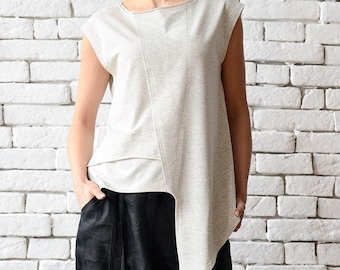 Off White Asymmetric Top/Extravagant Sleeveless Tunic/Light Grey Casual Vest/Modern Tail Top/Loose Tunic Top/Plus Size Sleeveless Shirt