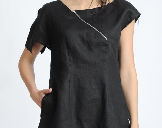 Black Short Sleeve Tunic/Asymmetric Linen Top/Extravagant Casual Shirt/Black Summer Blouse/Hidden Zipper Tunic Top METT0134