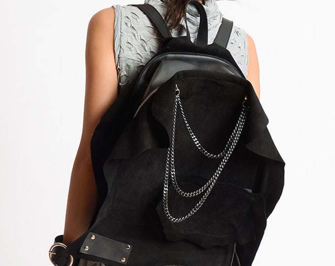 Black Suede Backpack/Extravagant Genuine Leather Handbag/Oversize Black Leather Purse/Handmade Leather and Suede Tote/Chain Black Bag