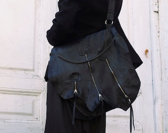 Black Leather Bag / Zipper Bag with Chains / Extravagant Black Bag/Genuine Leather Tote / Cross Body Bag / Large Black Purse METB0002