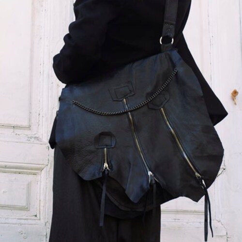 Black Leather Bag / Zipper Bag With Chains / Extravagant Black Etsy