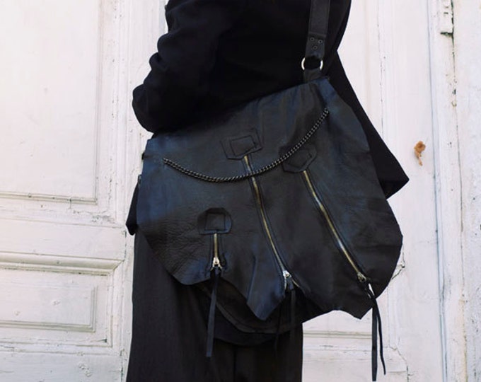 Black Leather Bag / Zipper Bag with Chains / Extravagant Black Bag/Genuine Leather Tote / Cross Body Bag / Large Black Purse by METAMORPHOZA