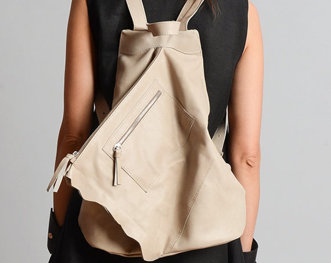 Beige Extravagant Backpack/Genuine Leather Bag/Everyday Beige Rucksack/Handmade Leather Satchel/Asymmetric Leather Handbag  METB0034