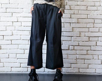 Black Loose Pants/Black Maxi Pants/3/4 Pants/Black Casual Capris/Wide Leg Trousers/Middle Ankle Pants/Oversize Black Pants METP0036