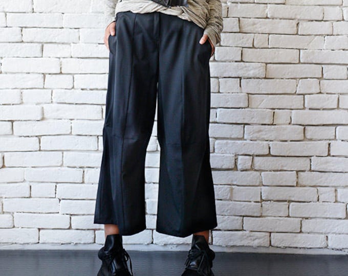 Black Loose Pants/Black Maxi Pants/3/4 Pants/Black Casual Capris/Wide Leg Trousers/Middle Ankle Pants/Oversize Black Pants METP0036