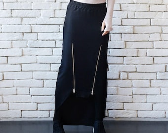 Asymmetric Black Skirt/Extravagant Alternative Skirt/Zipper Detail Long Short Black Skirt/Black Tight Skirt with Zippers/Party Black Skirt