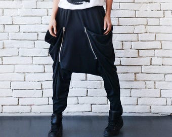 Drop Crotch Black Pants/Long Loose Maxi Pants/Black Casual Trousers/Oversize Black Pants/Comfortable Black Harem Pants METP0038