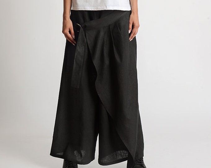 Long Loose Linen Pants/Asymmetric Maxi Pants/Black Wide Leg Trousers/Long Maxi Pants/Extravagant Casual Linen Pants/Everyday Black Pants