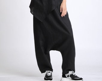 Black Harem Pants/Summer Boho Pants/Black Linen Pants/Plus Size Pants/Black Maxi Pants/Casual Linen Pants/Drop Crotch Pants