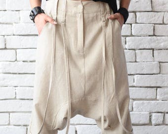 Pantaloni di lino con cavallo basso/Pantaloni estivi sciolti/Pantaloni alla caviglia beige/Pantaloni Maxi/Pantaloni beige oversize/Pantaloni harem di lino/Pantaloni Gypsy taglia Plus