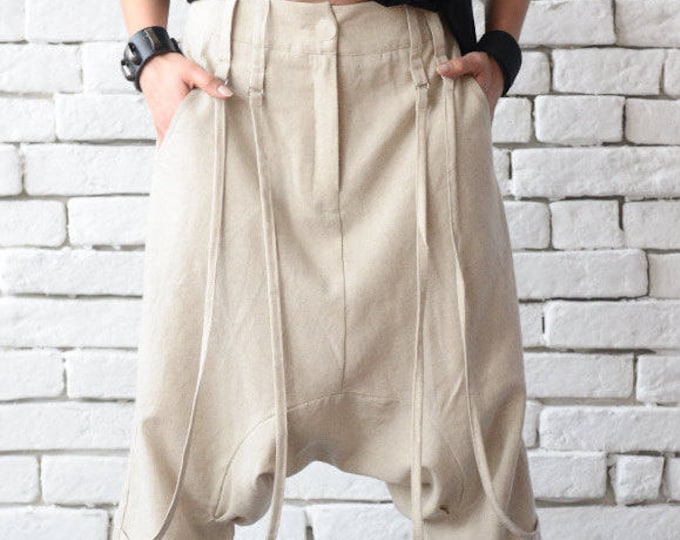 Drop Crotch Linen Pants/Loose Summer Pants/Beige Ankle Pants/Maxi Trousers/Oversize Beige Pants/Linen Harem Pants/Plus Size Gypsy Pants