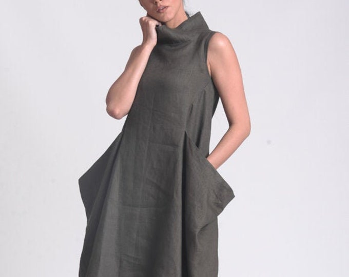 Plus Size Linen Dress with Mockneck by METAMORPHOZA METD0174