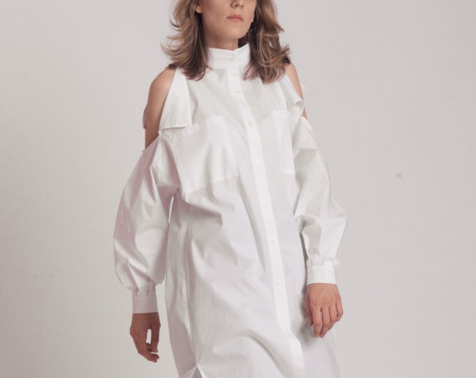 Plus Size Tunic / Oversized White Shirt / Maxi Shirt Dress / Asymmetrical Top / Cotton Shirt Dress