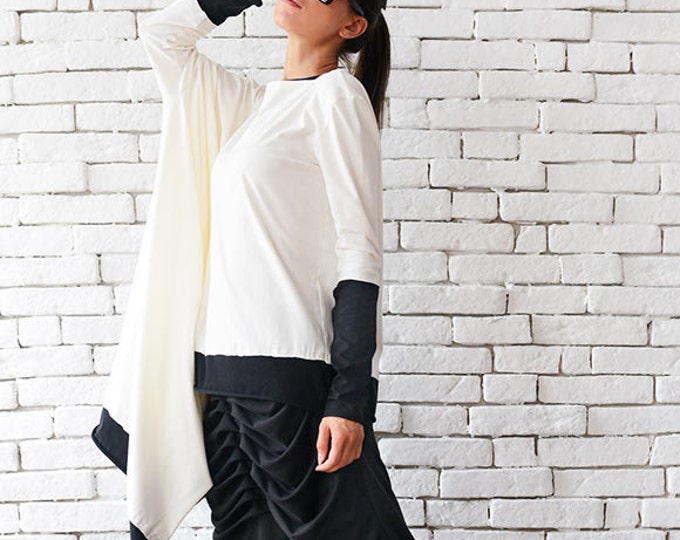 Asymmetric Maxi White Top / White Oversize Tunic / White and Black Blouse / Plus Size Line Dress with Long Sleeves by METAMORPHOZA