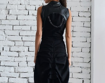 Débardeur noir asymétrique / Veste sans manches longue / Haut oversize noir / Tunique en cuir noire extravagante par METAMORPHOZA