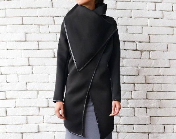 Black Winter Coat/Asymmetric Warm Jacket/Long Black Coat/Large Collar Dress/Loose Black Cardigan/Oversize Black Blazer METC0020
