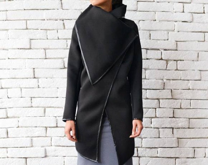 Black Winter Coat/Asymmetric Warm Jacket/Long Black Coat/Large Collar Dress/Loose Black Cardigan/Oversize Black Blazer METC0020