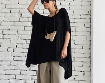 Black Maxi Top/Oversize Tunic Top/Asymmetric Loose Top/Summer Casual Tunic/Black Blouse/Plus Size Black Top/Fallen Sleeve Tunic METT0014