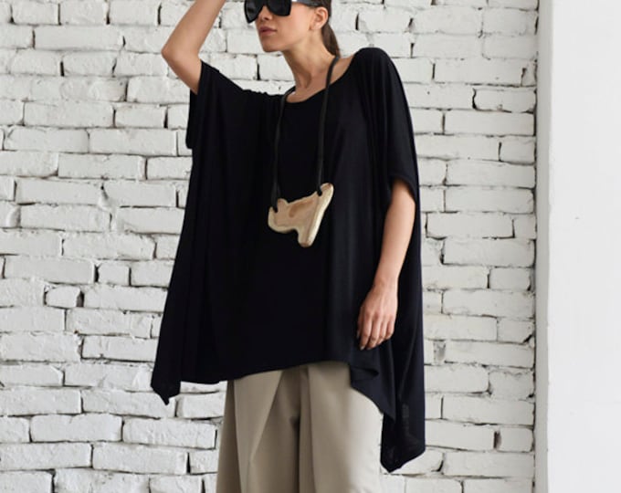 Black Maxi Top/Oversize Tunic Top/Asymmetric Loose Top/Summer Casual Tunic/Black Blouse/Plus Size Black Top/Fallen Sleeve Tunic