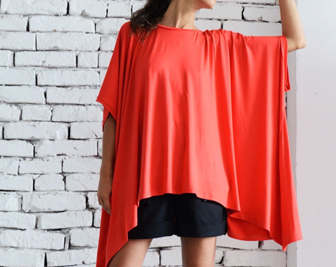 Red Maxi Top/Oversize Loose Tunic/Plus Size Shirt/Red Short Kaftan/Red Maxi Dress/Short Sleeve Tunic/Casual Top/Extravagant Asymmetric Tunic