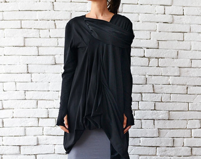 Long Sleeve Black Tunic/Draped Tunic/Black Dress/Asymmetric Tunic Top/Extravagant Blouse/Long Sleeve Black Top/Black Casual Shirt METT0004