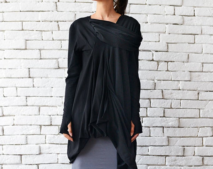 Long Sleeve Black Tunic/Draped Tunic/Black Dress/Asymmetric Tunic Top/Extravagant Blouse/Long Sleeve Black Top/Black Casual Shirt