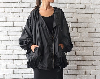 Oversize Black Jacket/Loose Pocket Coat/Asymmetric Maxi Cardigan/Comfortable Trench Coat/Black Zipper Jacket/Extravagant Loose Blazer