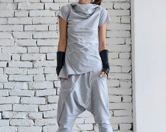 Grey Loose Tracksuit/Oversize Casual Set/Grey Harem Pants/Asymmetrical Grey Top/Two Piece Modern Set/Short Sleeve T-shirt/Street Fashion