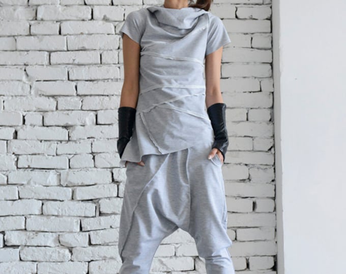 Grey Loose Tracksuit/Oversize Casual Set/Grey Harem Pants/Asymmetrical Grey Top/Two Piece Modern Set/Short Sleeve T-shirt/ METJ0005