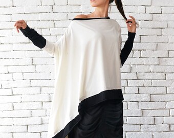 Black and White Maxi Tunic/Asymmetric Plus Size Top/Comfortable Monochrome Tunic