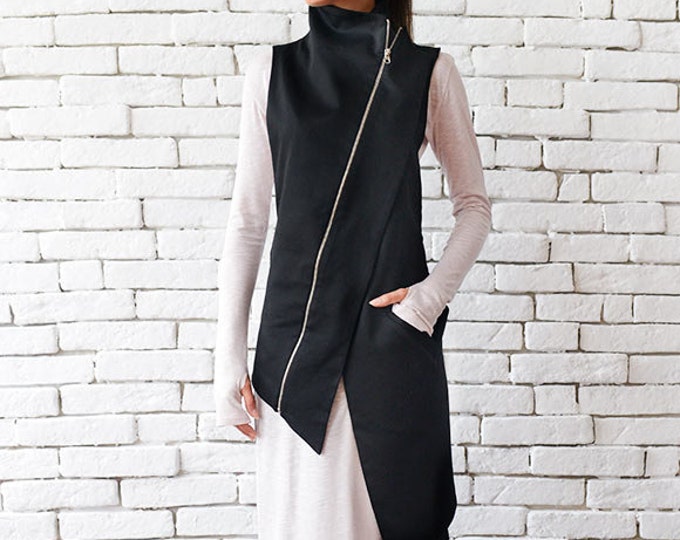 Asymmetrical Top / Black Zipper Vest / racer back top / Rave Clothes / Burning Man Outfit METT0049
