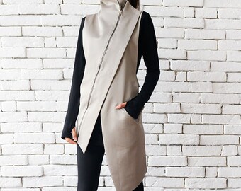 Beige Elegant Zipper Vest/Asymmetric Casual Long Top/Extravagant Dinner Tunic/Sleeveless Beige Coat/Sleeveless Mockneck Top METT0049