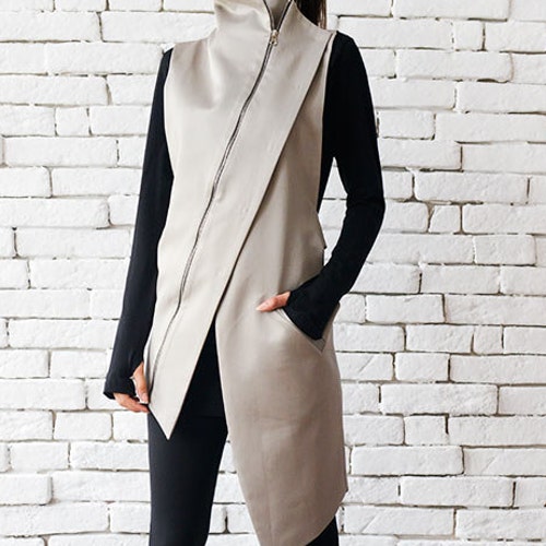 Beige Elegant Zipper Vest/asymmetric Casual Long - Etsy