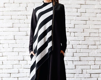 Asymmetric Long Coat stripe Black Cardigan loose Long Jacket oversize Black Coat stripe Winter Coat extravagant Zipper Tunic black Coat Etsy