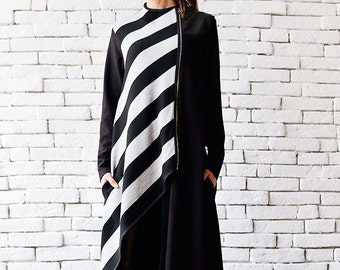 Asymmetric Long Coat/Stripe Black Cardigan/Loose Long Jacket/Oversize Black Coat/Stripe Winter Coat/Extravagant Zipper Tunic/Black Coat