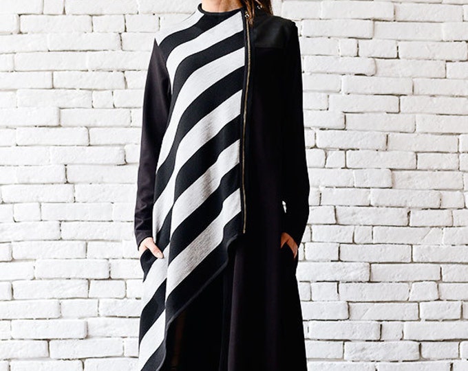 Asymmetric Long Coat/Stripe Black Cardigan/Loose Long Jacket/Oversize Black Coat/Stripe Winter Coat/Extravagant Zipper Tunic METC0038