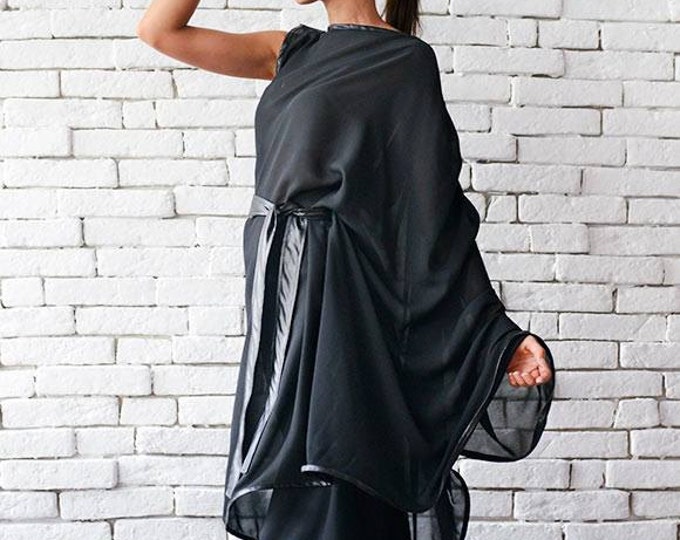 Loose Chiffon Tunic Dress/Sheer Asymmetric Tunic/Comfortable Black Dress with Belt/Plus Size Long Black Top/Tunic with Leather Belt METT0001