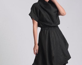 Schwarzes Leinen Midi Kleid mit elastischer Taille