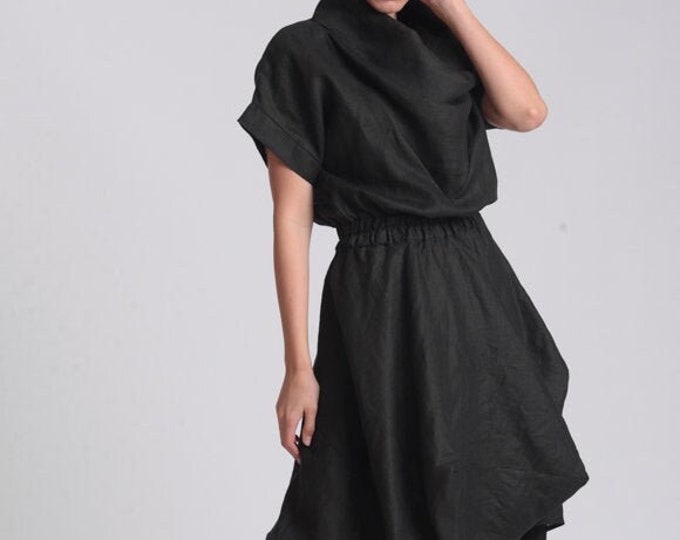 Black Linen Midi Dress with Elastic Waist METD0177