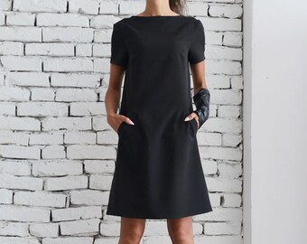 Black Casual Dress/Little Black Dress/Midi Office Dress/Short Sleeve Tunic/Long Black Top/Oversize Black Sleeve Top/School Black Dress