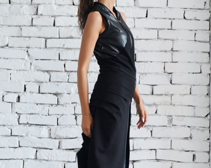 Asymmetric Black Vest / Long Sleeveless Jacket / Chain Tunic Top / Long Extravagant Top / Oversize Tunic Top  METC0008