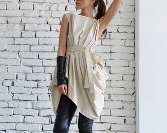 Beige Asymmetric Top/Long Casual Top/Belted Loose Shirt/Maxi Summer Top/Oversize Beige Tunic/Sleeveless Short Dress/Modern Beige Top