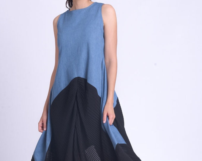 Black and Denim Sleeveless Dress/Extravagant Pleated Chiffon Dress/Asymmetric Loose Summer Dress/Oversize Casual Zipper Dress METD0156